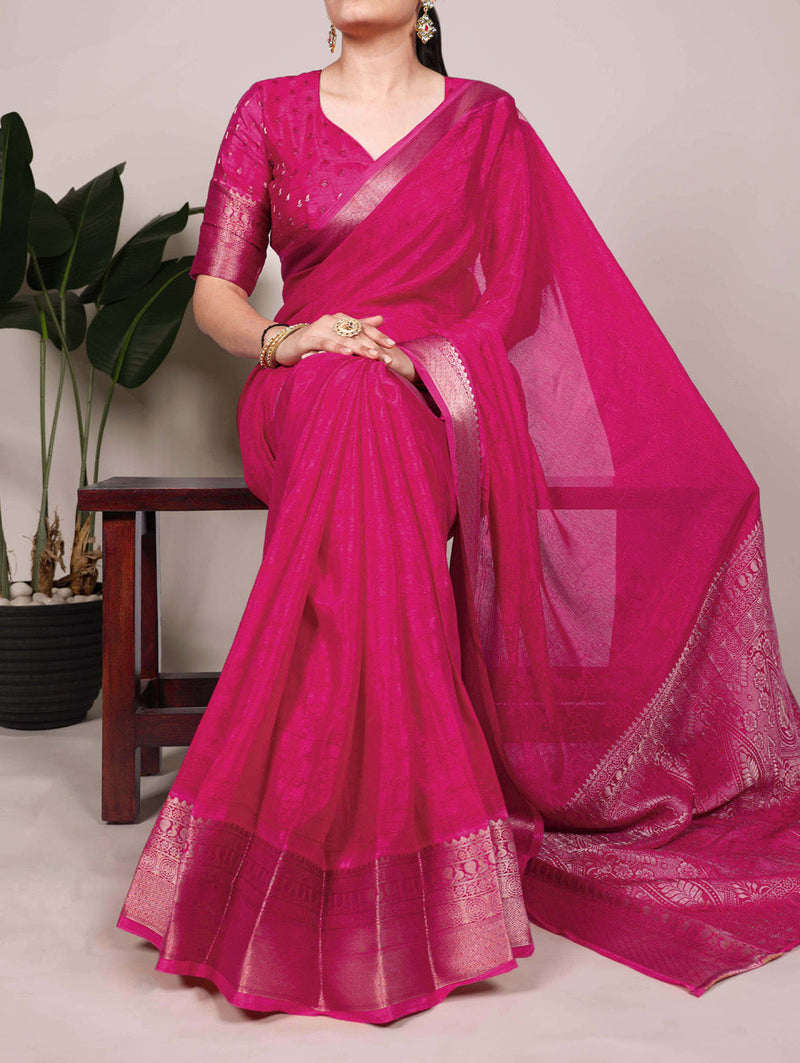 Pink Color Self Printed With Zari Weaving Work Chinon Saree