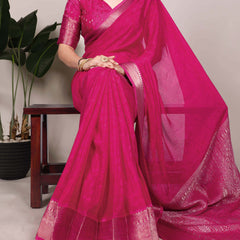 Pink Color Self Printed With Zari Weaving Work Chinon Saree