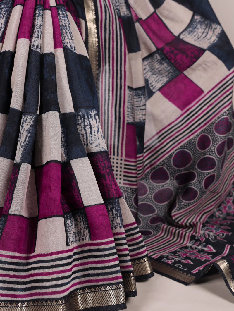 Navy Blue Color Printed With Temple Border Polyester Viscose Chanderi Saree