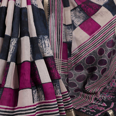 Navy Blue Color Printed With Temple Border Polyester Viscose Chanderi Saree