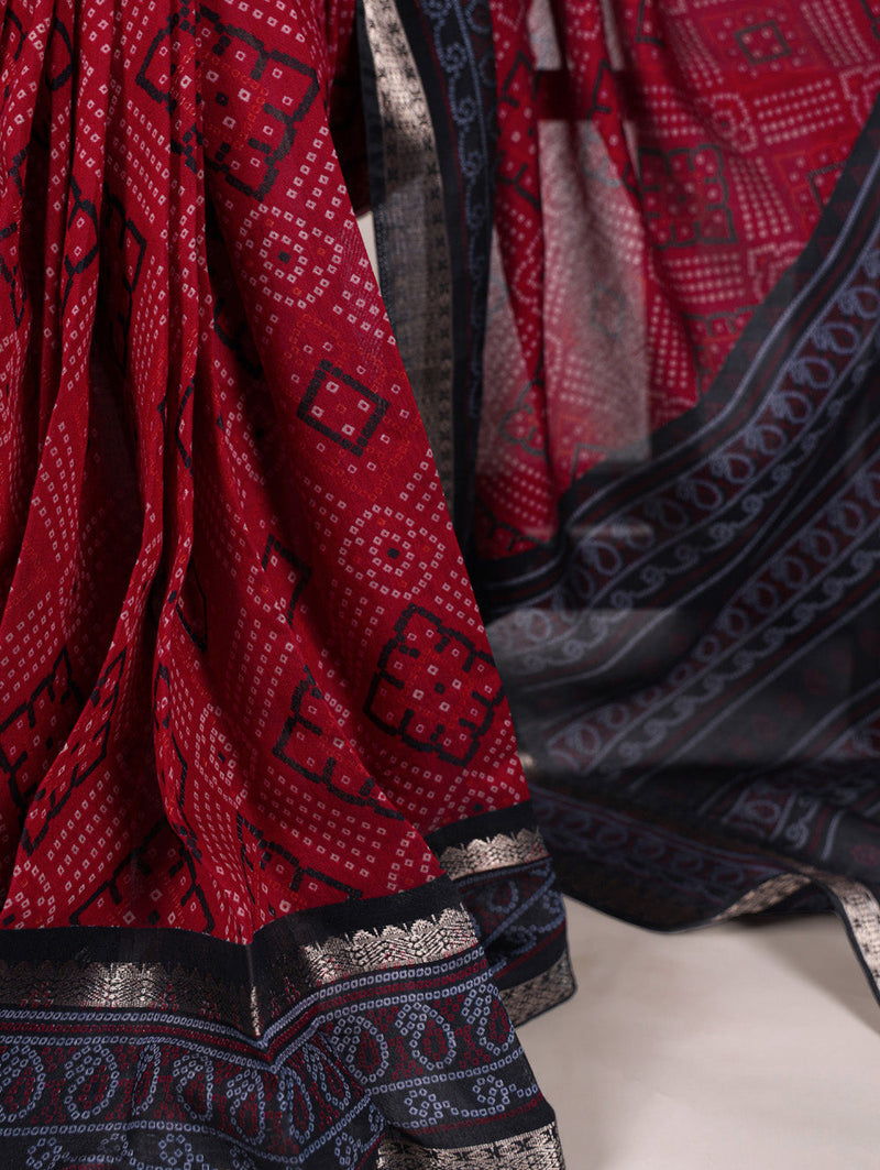 Maroon Color Bandhej Print With Zari Weaving Work Viscose Chanderi Saree