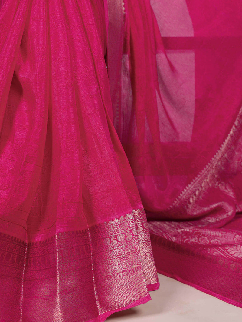 Pink Color Self Printed With Zari Weaving Work Chinon Saree