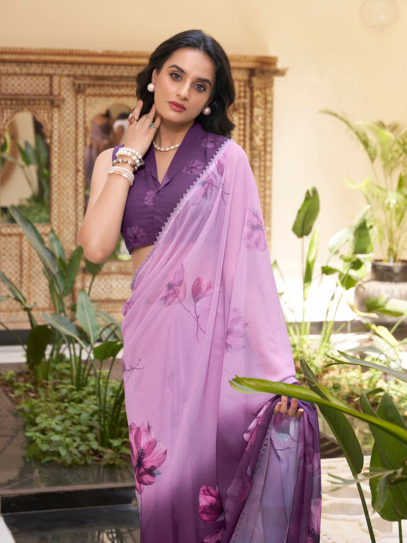 Lavender Color Floral Printed With Weightless Marbal saree
