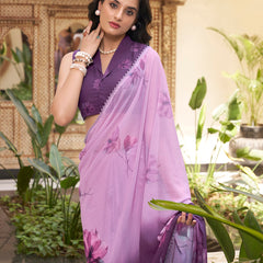 Lavender Color Floral Printed With Weightless Marbal saree