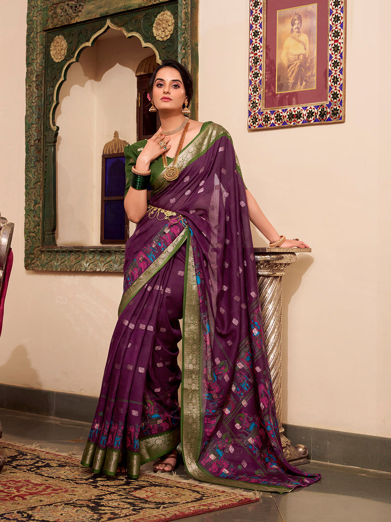 Wine Color Kalamkari Print With Zari Weaving Work Poly Cotton Saree