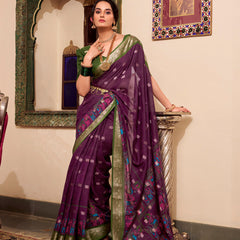 Wine Color Kalamkari Print With Zari Weaving Work Poly Cotton Saree