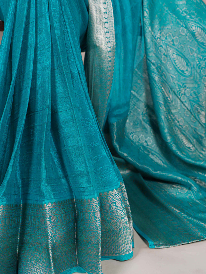 Firozi Color Self Printed With Zari Weaving Work Chinon Saree