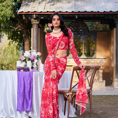 Red Color Printed With Peral Lace Border Weightless Marbal