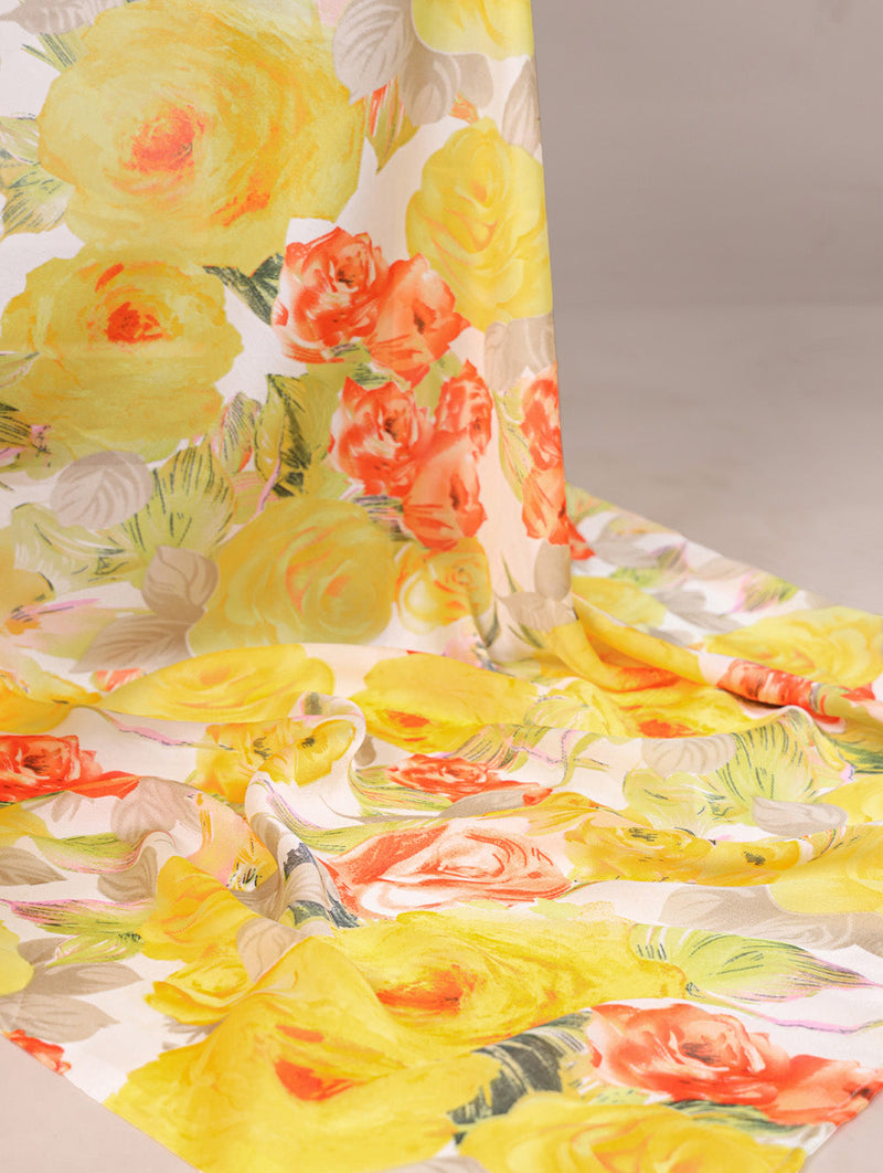 Yellow Color Floral Printed Dull Satin Silk Saree