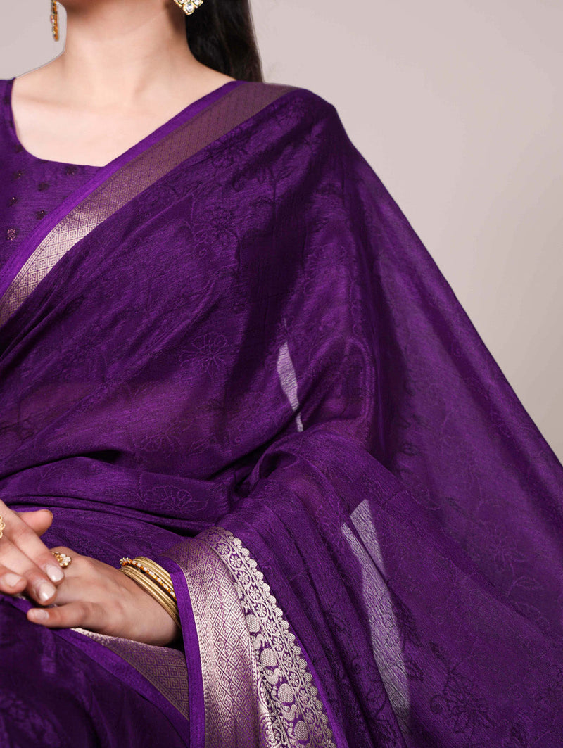 Purple Color Self Printed With Zari Weaving Work Chinon Saree
