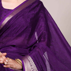 Purple Color Self Printed With Zari Weaving Work Chinon Saree