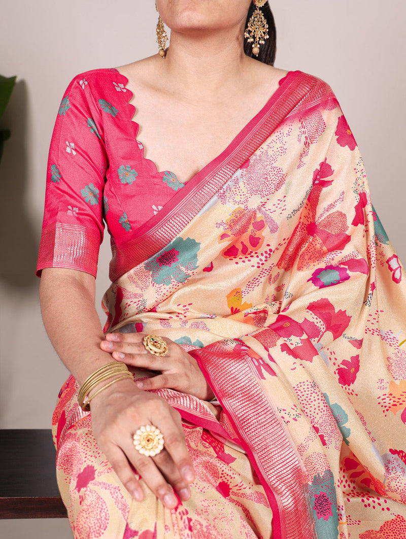 Cream Color Printed Tussar Silk With Viscose Border Saree