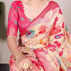 Cream Color Printed Tussar Silk With Viscose Border Saree