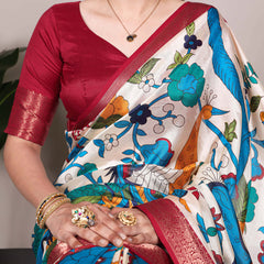 Off White Color Printed With Zari Weaving Work Tussar Silk Saree