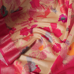 Cream Color Printed Tussar Silk With Viscose Border Saree