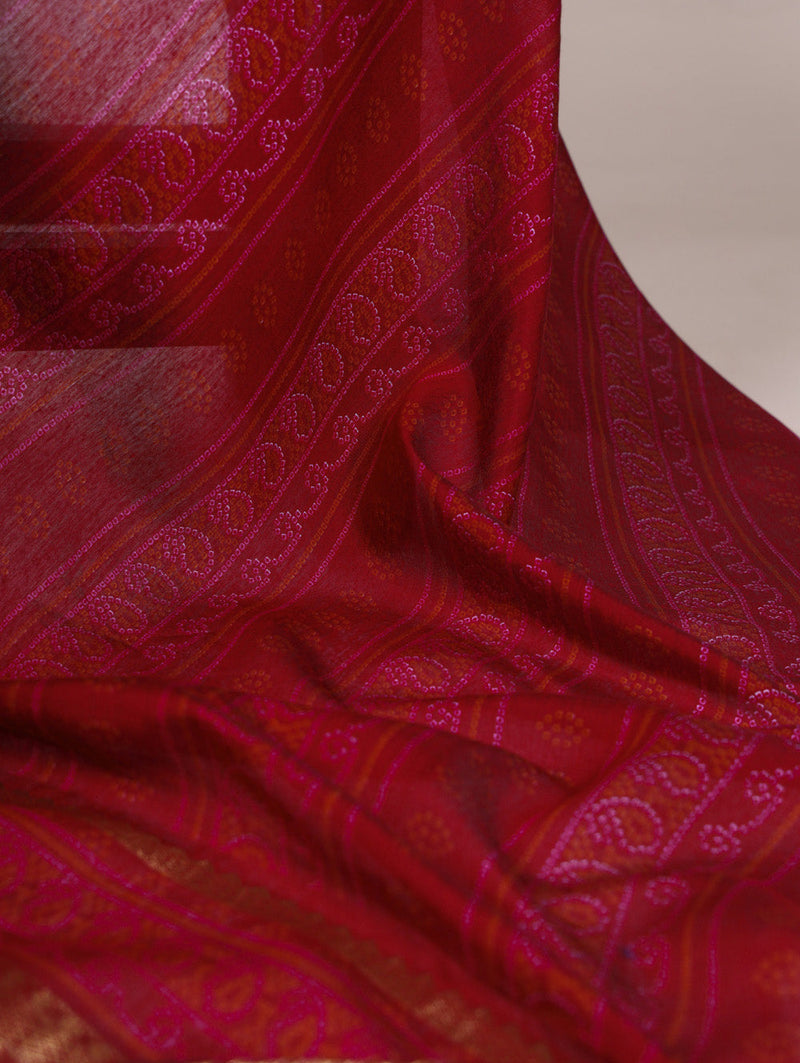 Mustard Color Bandhej Print With Zari Weaving Work Viscose Chanderi Saree