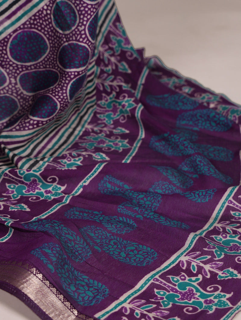 Purple Color Printed With Temple Border Polyester Viscose Chanderi Saree
