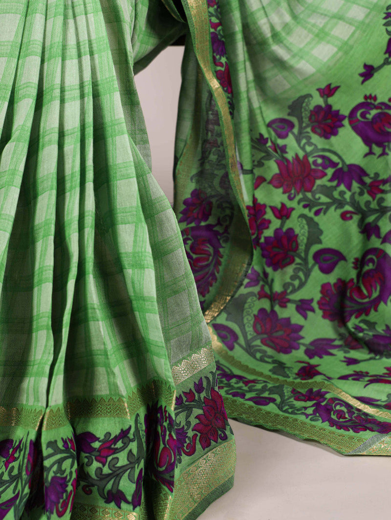 Parrot Color Printed With Zari Weaving Work Polyester Viscose Chanderi Saree