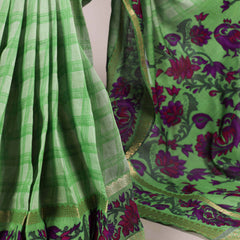 Parrot Color Printed With Zari Weaving Work Polyester Viscose Chanderi Saree
