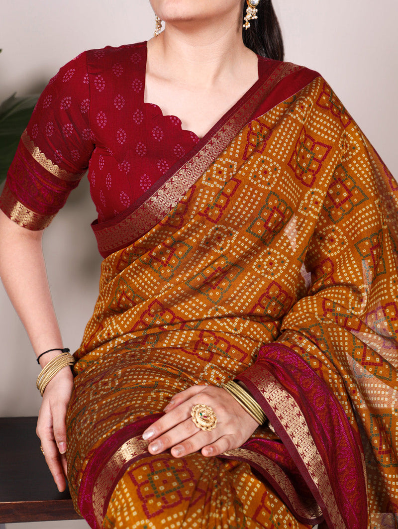 Mustard Color Bandhej Print With Zari Weaving Work Viscose Chanderi Saree