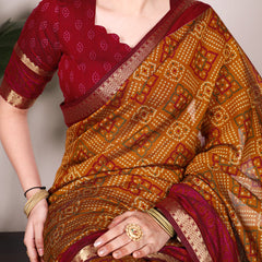Mustard Color Bandhej Print With Zari Weaving Work Viscose Chanderi Saree