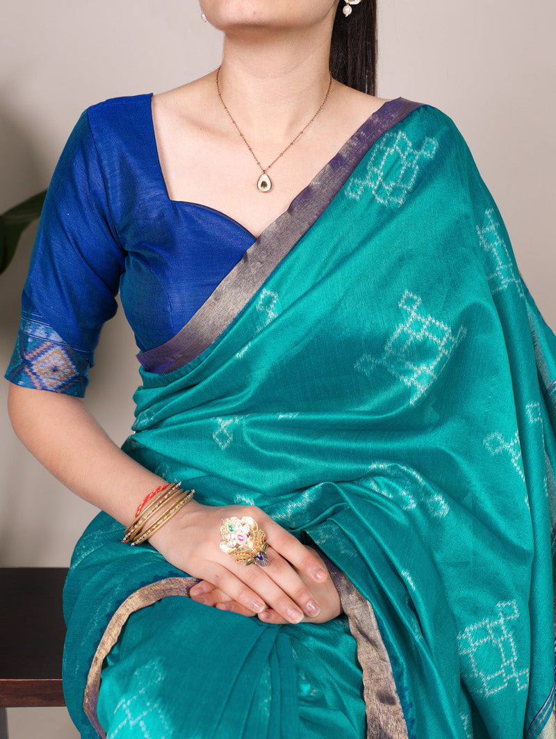 Teal Color Printed With Zari Weaving Work Jacquard Silk Saree