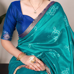 Teal Color Printed With Zari Weaving Work Jacquard Silk Saree