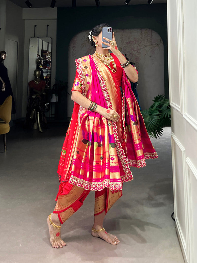 Red color Paithani Zari Weaving Work Jacquard Silk Saree