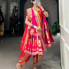 Red color Paithani Zari Weaving Work Jacquard Silk Saree