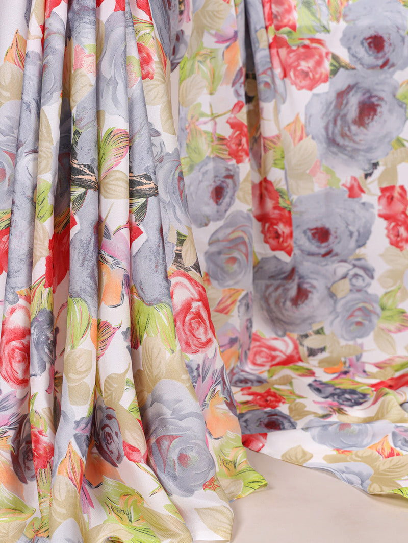 Grey Color Floral Printed Dull Satin Silk Saree