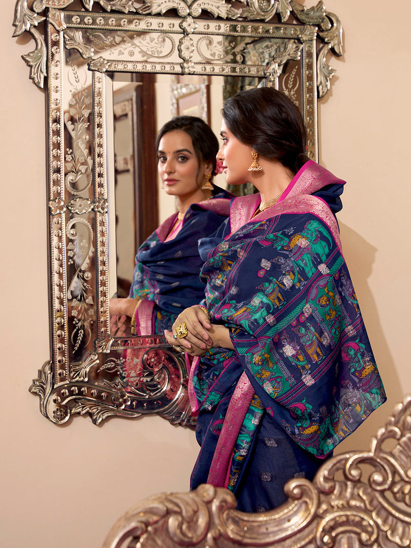 Navy Blue Color Kalamkari Print With Zari Weaving Work Poly Cotton Saree