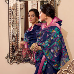 Navy Blue Color Kalamkari Print With Zari Weaving Work Poly Cotton Saree