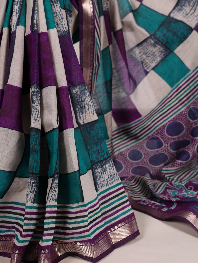 Purple Color Printed With Temple Border Polyester Viscose Chanderi Saree
