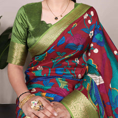 Maroon Color Printed With Zari Weaving Work Tussar Silk Saree