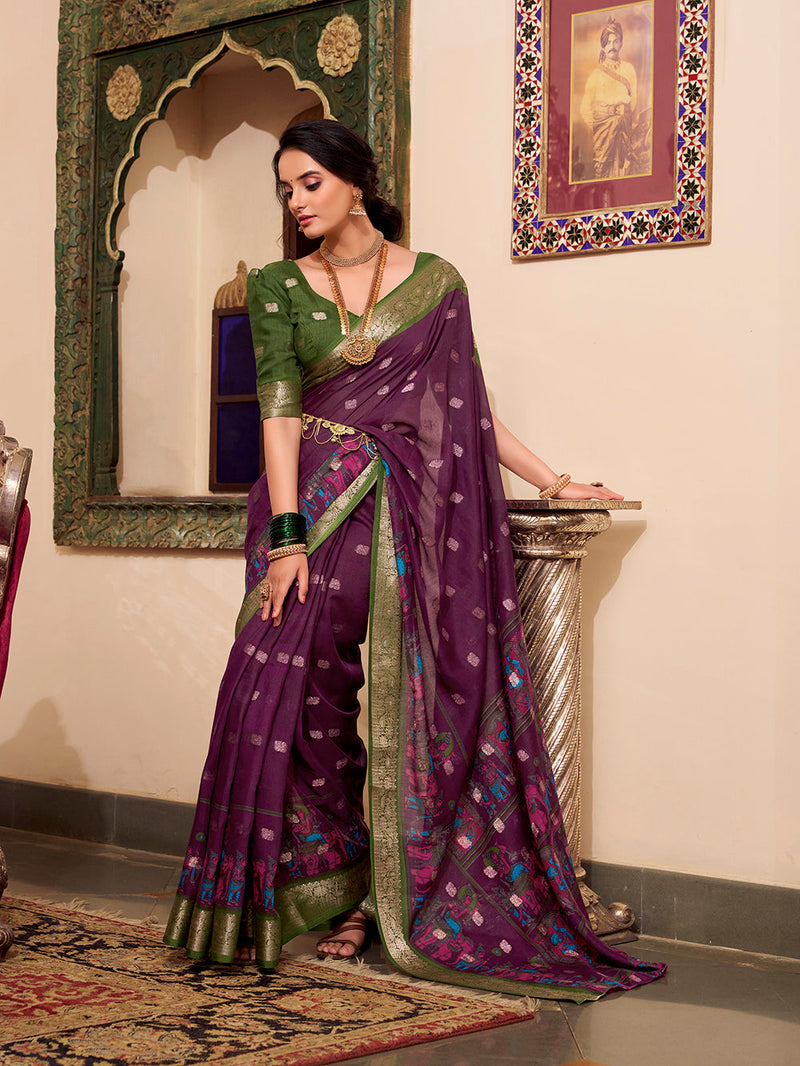 Wine Color Kalamkari Print With Zari Weaving Work Poly Cotton Saree