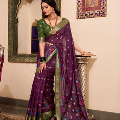 Wine Color Kalamkari Print With Zari Weaving Work Poly Cotton Saree