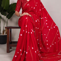 Red Color Sequins With Zari Line Viscose Chanderi Saree