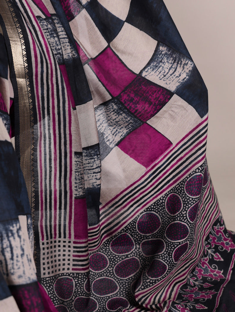 Navy Blue Color Printed With Temple Border Polyester Viscose Chanderi Saree