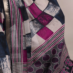 Navy Blue Color Printed With Temple Border Polyester Viscose Chanderi Saree