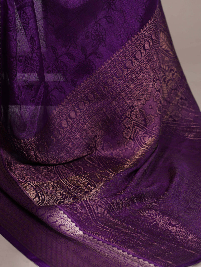 Purple Color Self Printed With Zari Weaving Work Chinon Saree