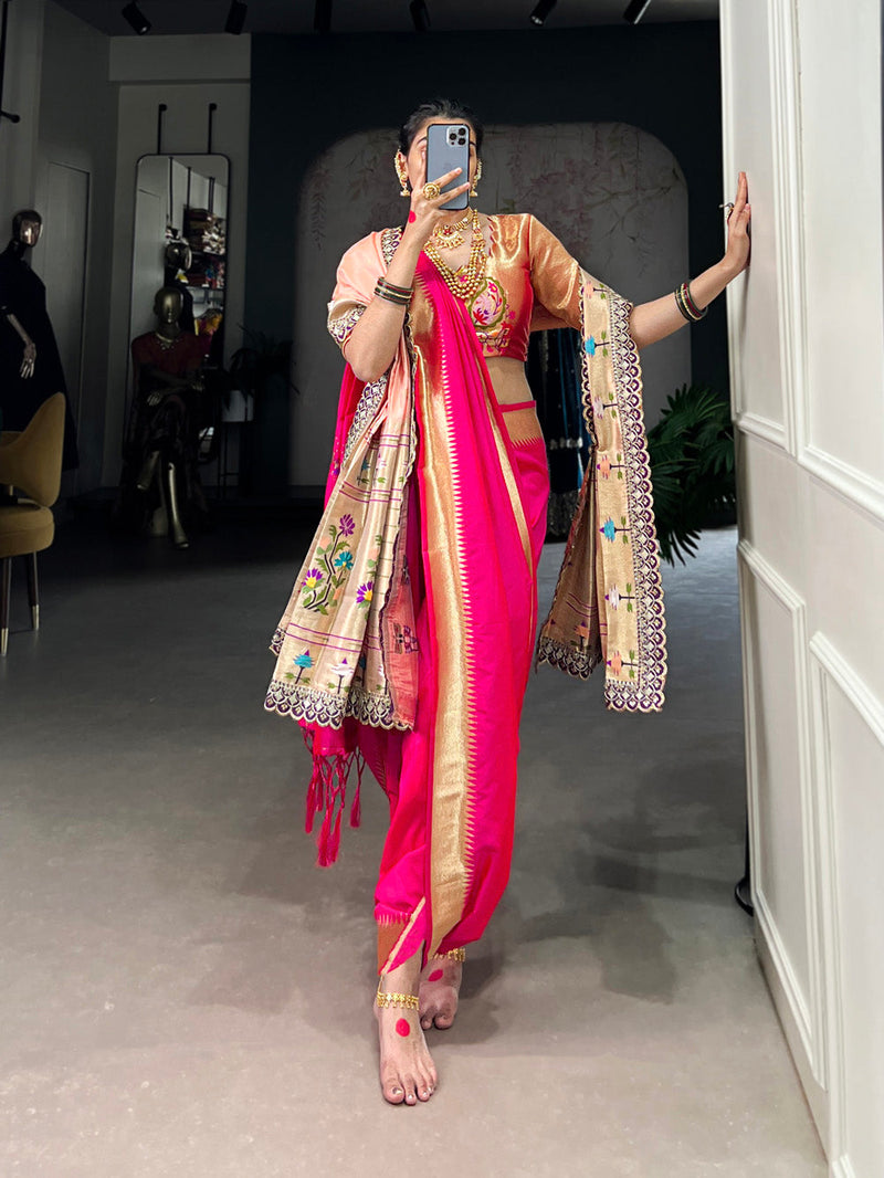 Pink Color Paithani Zari Weaving Work Jacquard Silk Saree
