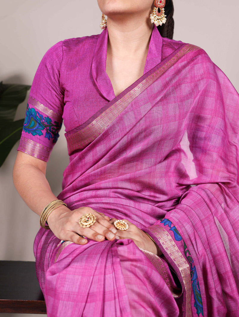 Pink Color Printed With Zari Weaving Work Polyester Viscose Chanderi Saree