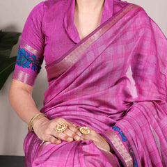 Pink Color Printed With Zari Weaving Work Polyester Viscose Chanderi Saree