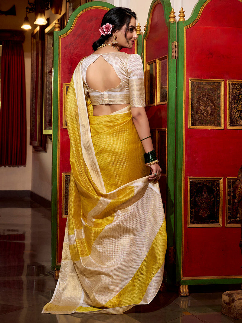 Yellow Color Zari Weaving Work Jacquard Chex South Indian Saree