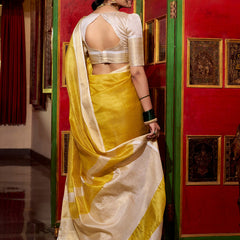 Yellow Color Zari Weaving Work Jacquard Chex South Indian Saree