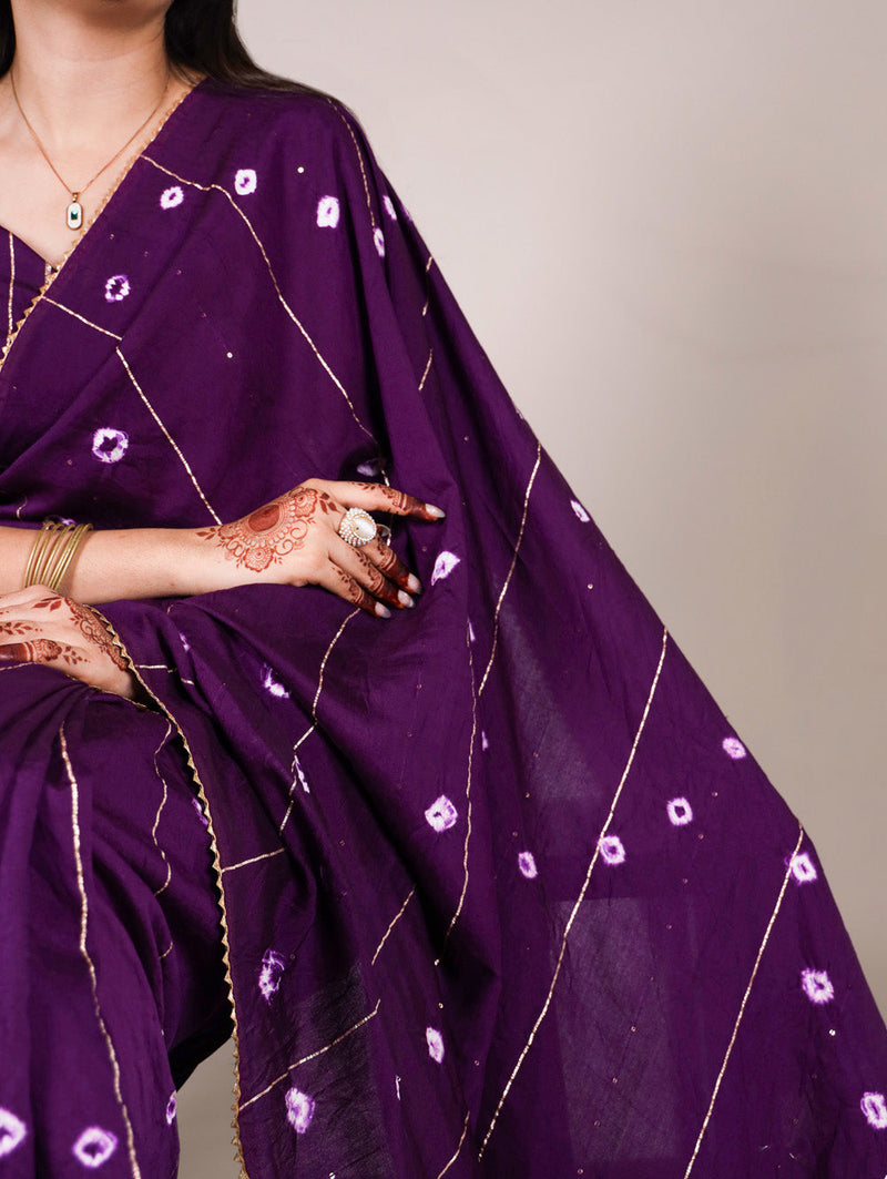 Purple Color Sequins With Zari Line Viscose Chanderi Saree