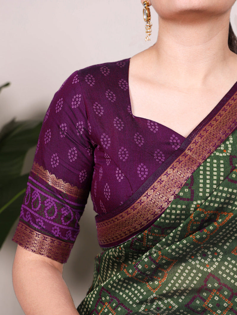Mehandi Color Bandhej Print With Zari Weaving Work Viscose Chanderi Saree