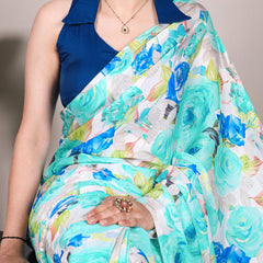 Firozi Color Floral Printed Dull Satin Silk Saree