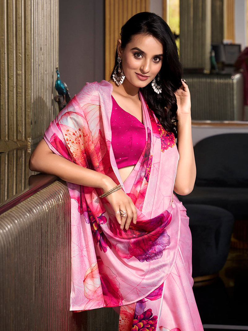 Light Pink Color Printed Satin Silk saree