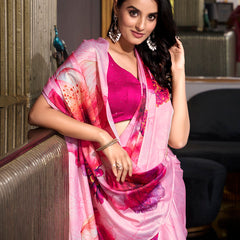 Light Pink Color Printed Satin Silk saree
